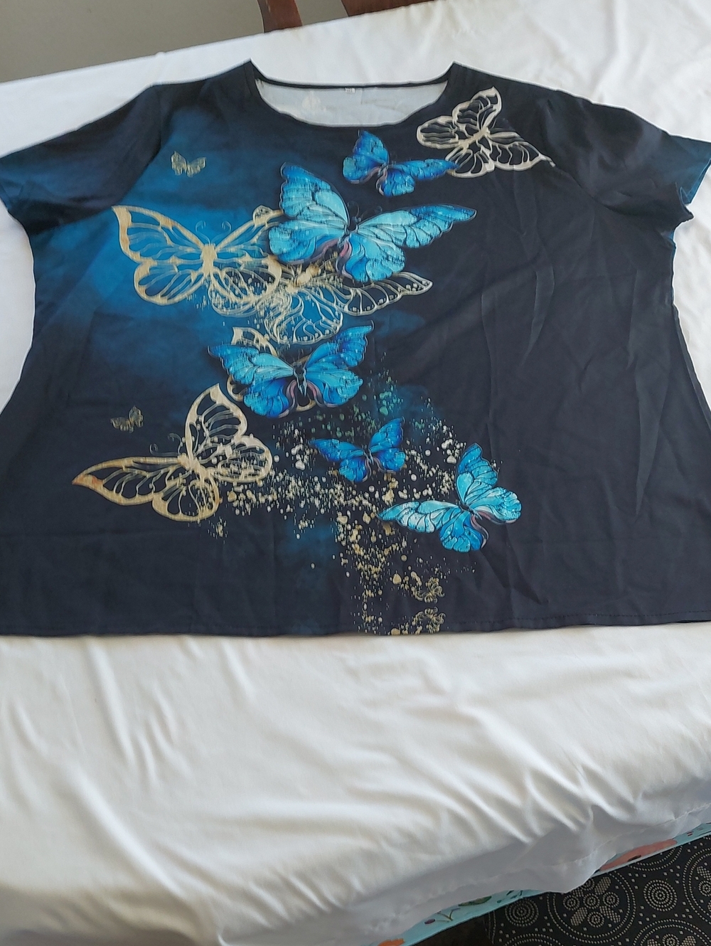 Women's Black Short Sleeve Top with Blue Butterfly Print.Size 3xl